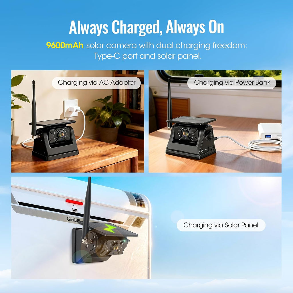 Sistema de cámara de respaldo inalámbrico solar magnético, pantalla táctil IPS de 7 pulgadas con DVR, cámara de visión nocturna IR recargable, cámara RV sin cableado para enganchar remolques