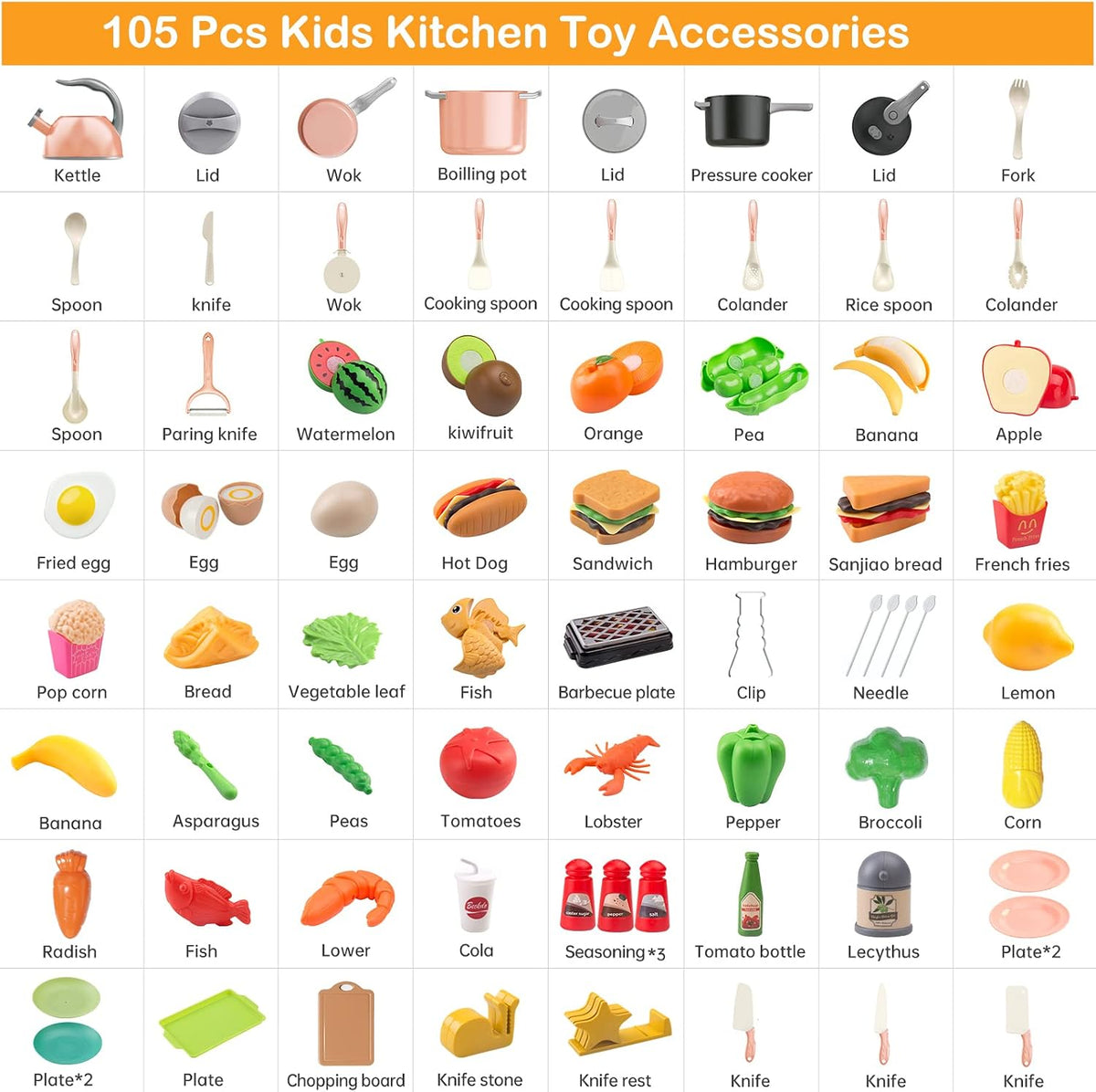 105 piezas de accesorios de juguete de cocina para niños, juego de cocina de camping y barbacoa para niños pequeños, juego de ollas, sartenes, utensilios de cocina de juguete, juego de