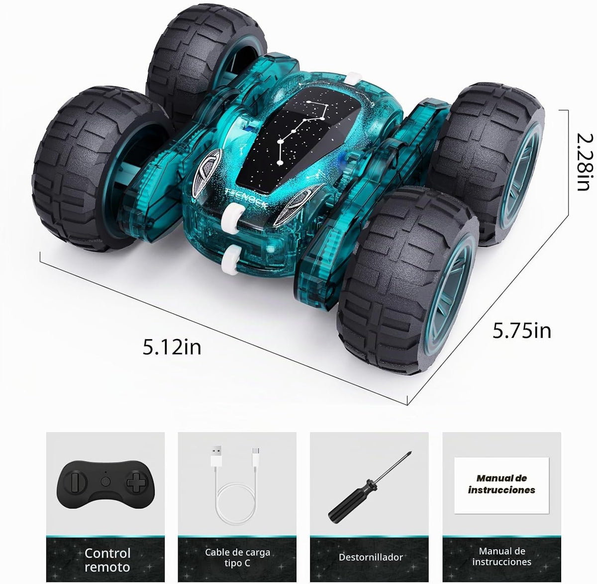 Tecnock Auto a control remoto, autos RC de 2.4 GHz con USB-C de fácil carga, 4WD de doble cara gira y voltea el auto de acrobacias a control remoto, juguetes de regalo para niños y niñas de 6 a 8 años, 8 a 12 años