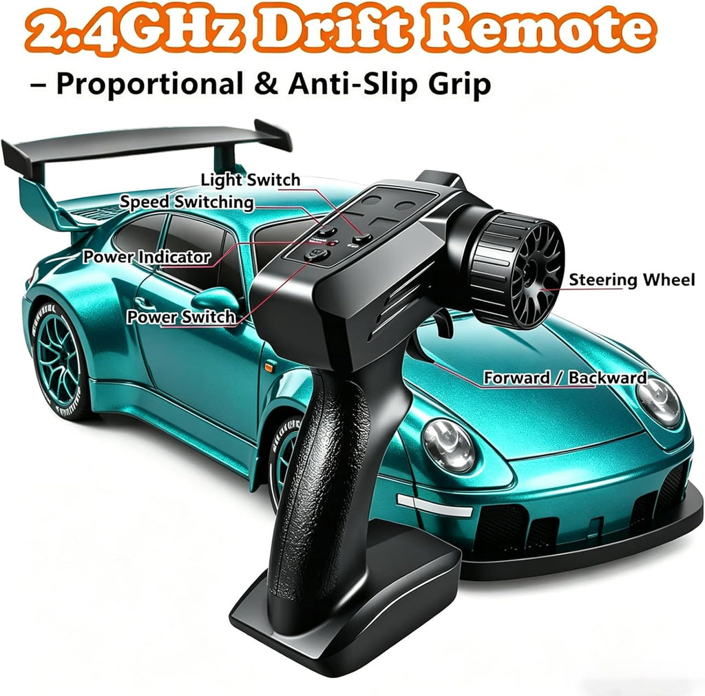 Auto de deriva a control remoto a escala 1:24 con luces LED, neumáticos de deriva y dos baterías, juguete deportivo de carreras, regalo ideal para adultos, niños, niñas y niños (azul lago)