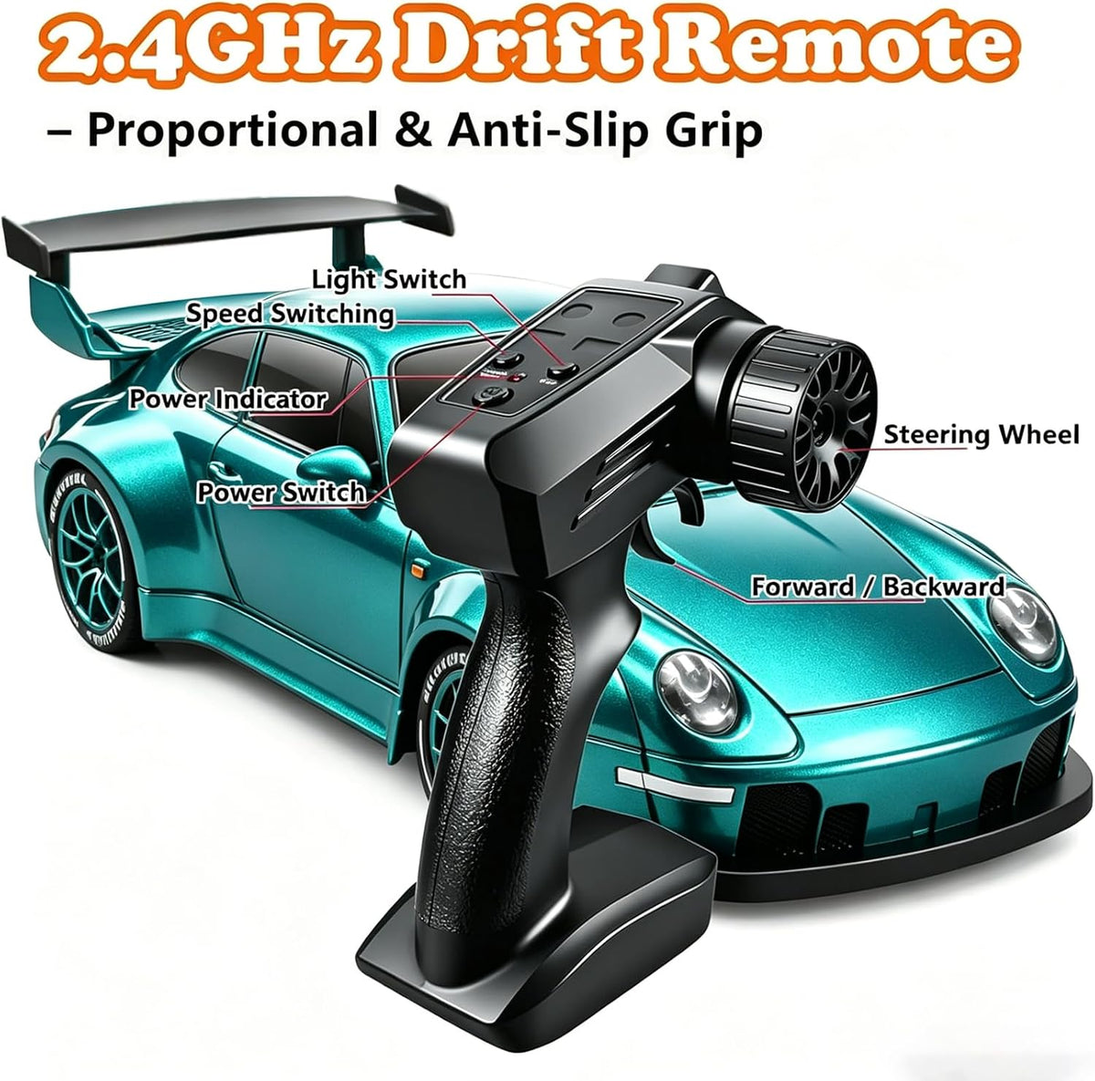 Auto de deriva a control remoto a escala 1:24 con luces LED, neumáticos de deriva y dos baterías, juguete deportivo de carreras, regalo ideal para adultos, niños, niñas y niños (azul lago)