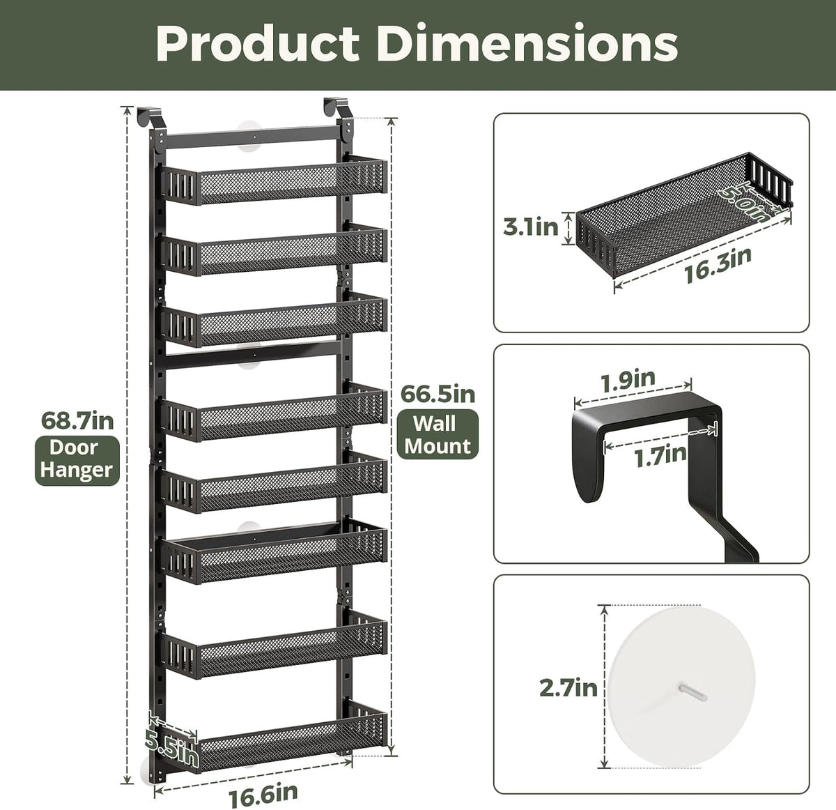 Organizador de despensa de 8 niveles sobre la puerta, soporte de pared 2 en 1 o estante de especias colgante con cesta elevada ajustable, almacenamiento resistente en la parte trasera de la