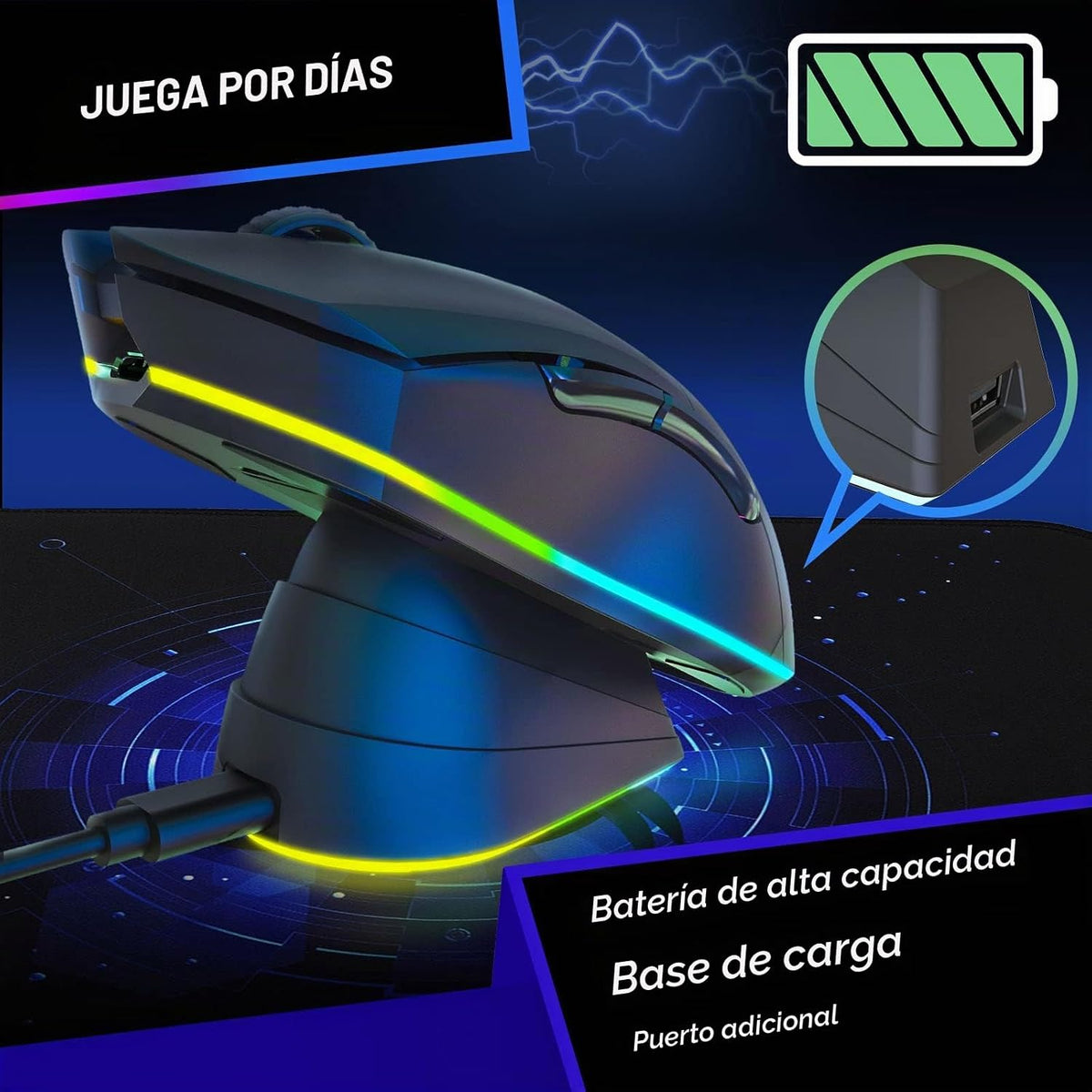 KLIM Blaze Pro - Ratón inalámbrico para juegos, con base de carga RGB