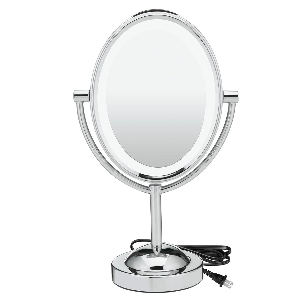 Conair espejo ovalado de dos caras con luz para maquillaje ampliación 1 x 7, Uno, Acabado de cromo pulido