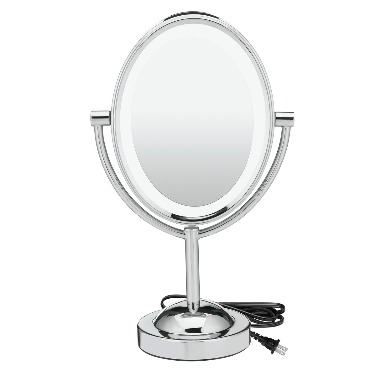 Conair espejo ovalado de dos caras con luz para maquillaje ampliación 1 x 7, Uno, Acabado de cromo pulido