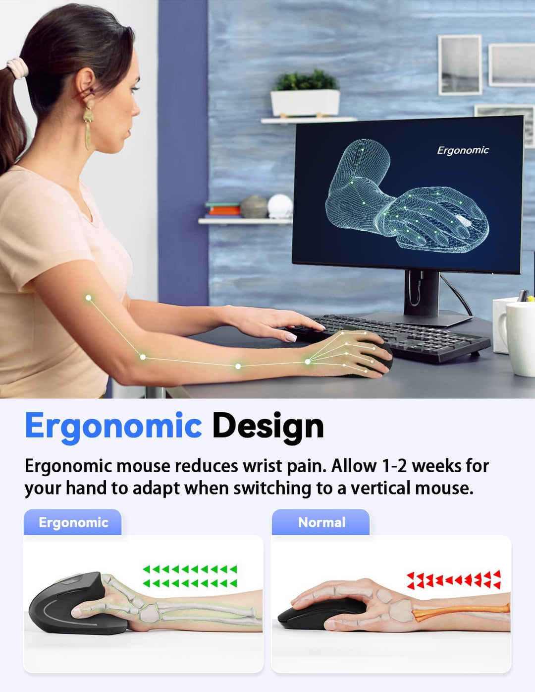 TECKNET Ratón Vertical Inalámbrico Ergonómico 2.4G - Ratón Óptico p...