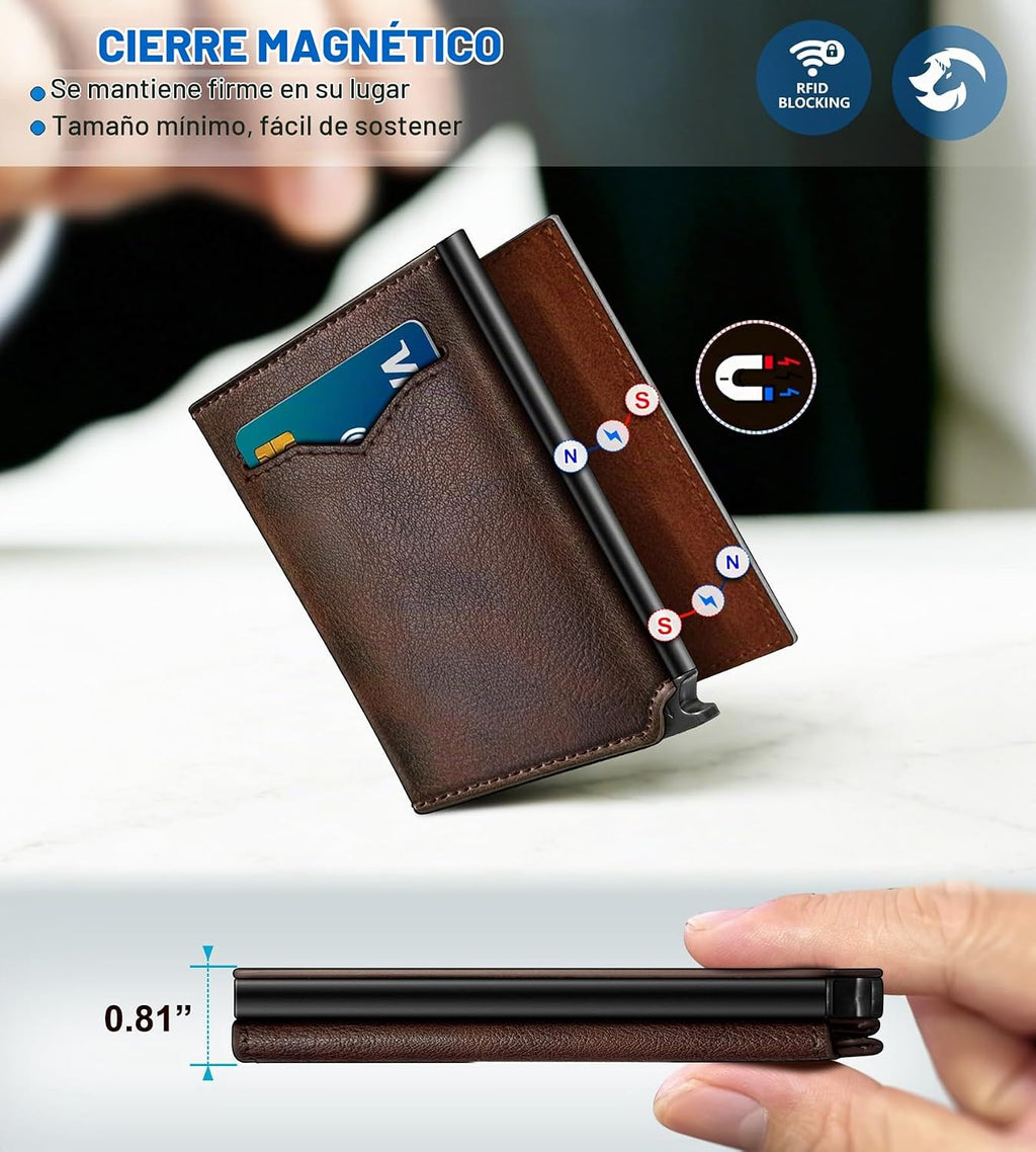 Cartera para hombre, tarjetero desplegable delgado con bloqueo RFID, billetera triple minimalista con 10 ranuras para tarjetas, bolsillo para efectivo y 2 ventanas para identificación, funda