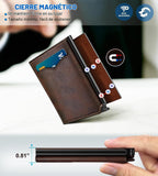 Cartera para hombre, tarjetero desplegable delgado con bloqueo RFID, billetera triple minimalista con 10 ranuras para tarjetas, bolsillo para efectivo y 2 ventanas para identificación, funda