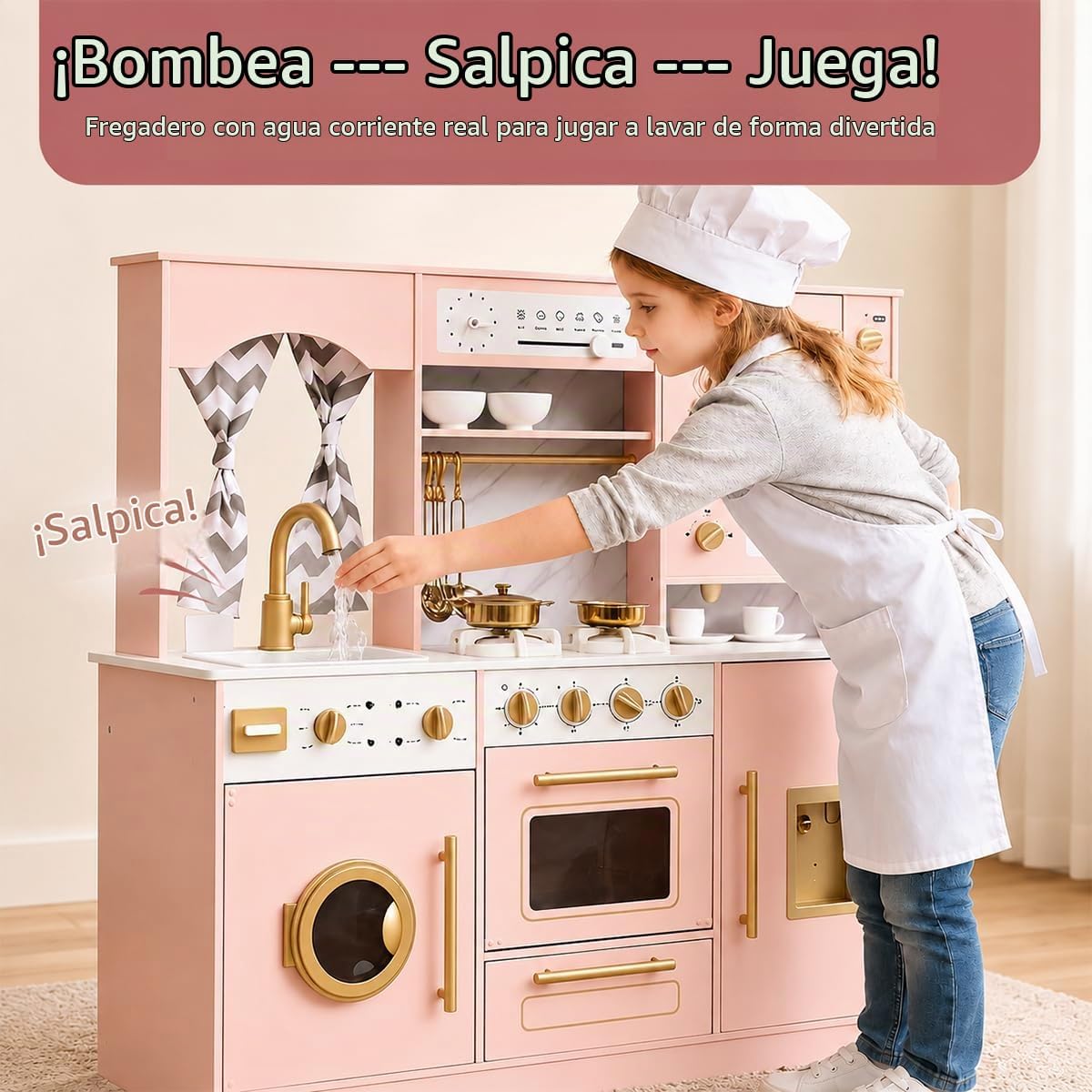 Cocina de juego de madera rosa con luz y sonido, fregadero de juguetes y dispensador de agua con agua real, juego de cocina grande para niñas con lavadora, regalos premium para niños de más de 3 años