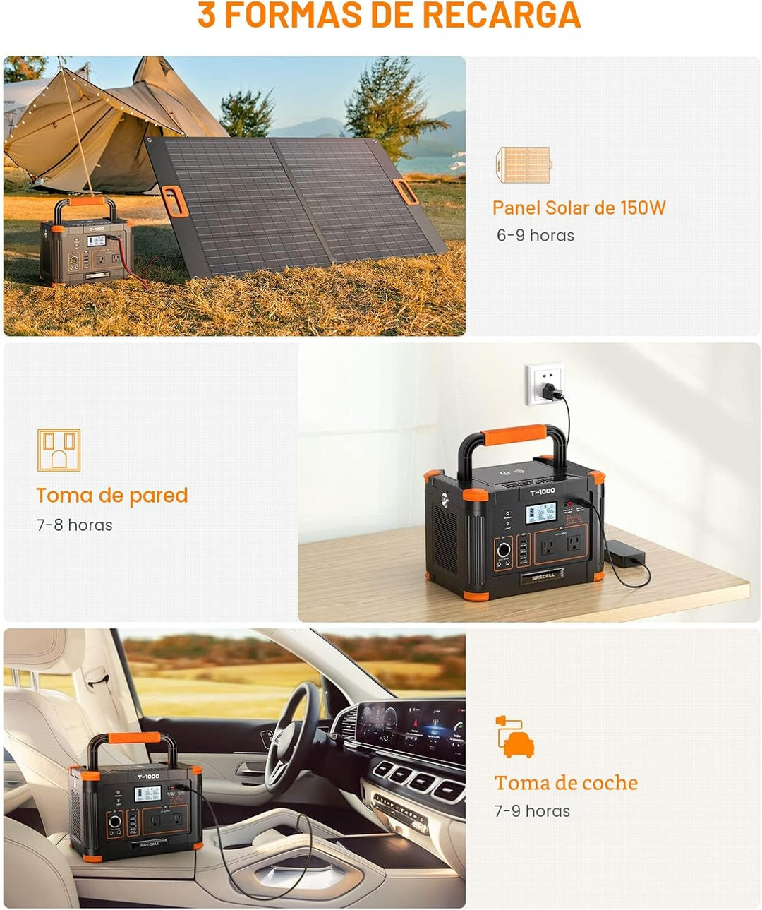GRECELL - Generador solar portátil de 1000 W, 999 Wh con salida USB...