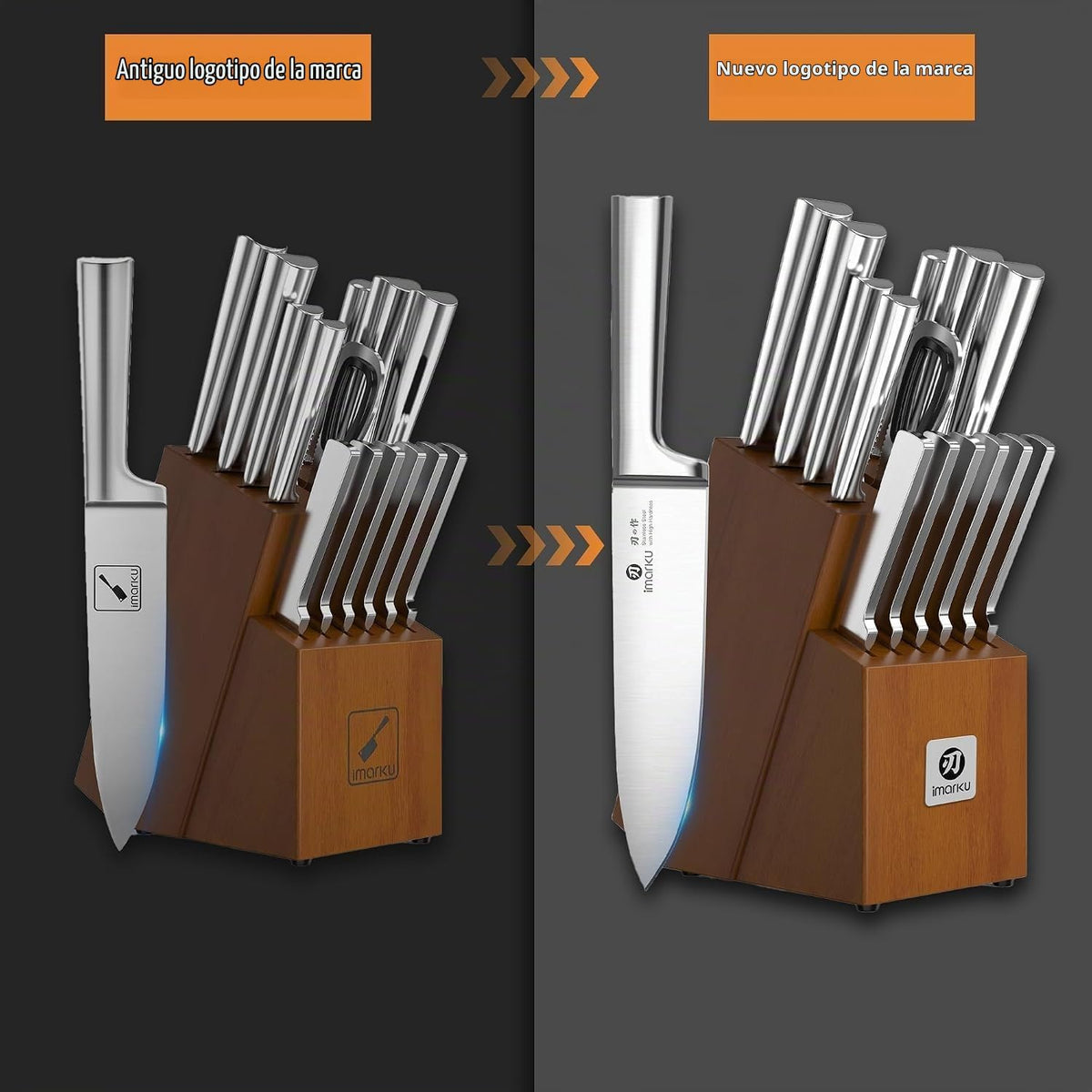 imarku Juego de cuchillos de 15 piezas con afilador integrado, juego de cuchillos de cocina de acero inoxidable japonés de alto carbono, apto para lavavajillas, juego de cuchillos de chef con bloque