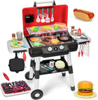 Juego de cocina para niños, juguetes de cocina para niños con parrilla de barbacoa y sonido de humo y luz, juguete de barbacoa de 2 capas con ruedas, juego de juguetes de cocina al aire libre para