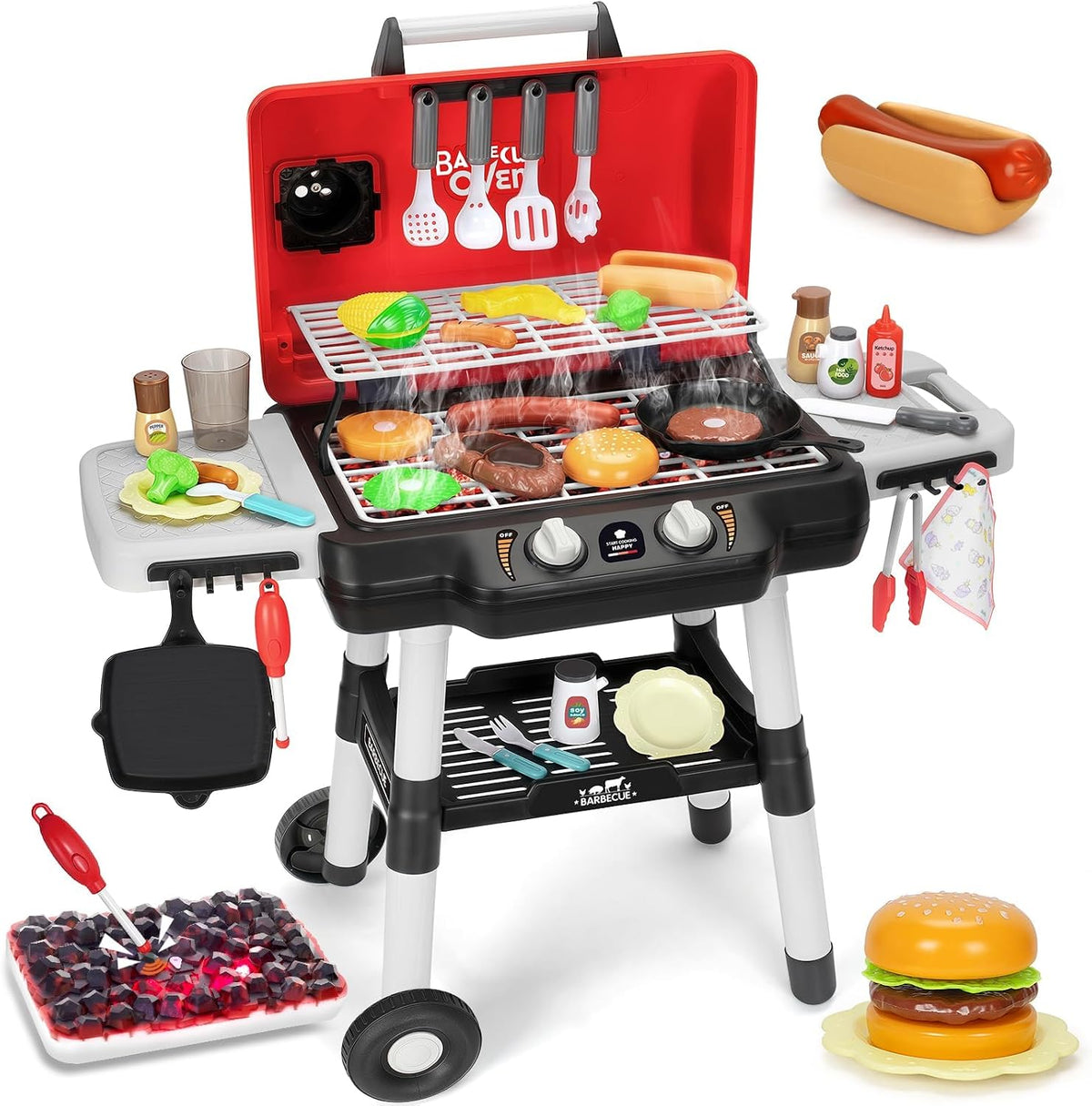 Juego de cocina para niños, juguetes de cocina para niños con parrilla de barbacoa y sonido de humo y luz, juguete de barbacoa de 2 capas con ruedas, juego de juguetes de cocina al aire libre para