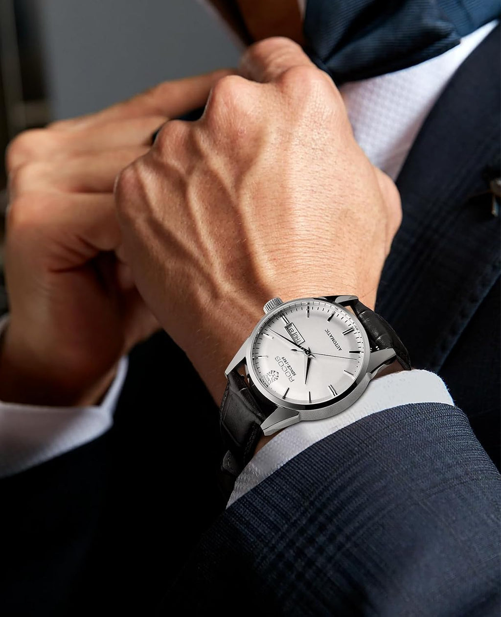 ROCOSJEWE Reloj mecánico automático para hombre, correa de cuero negro