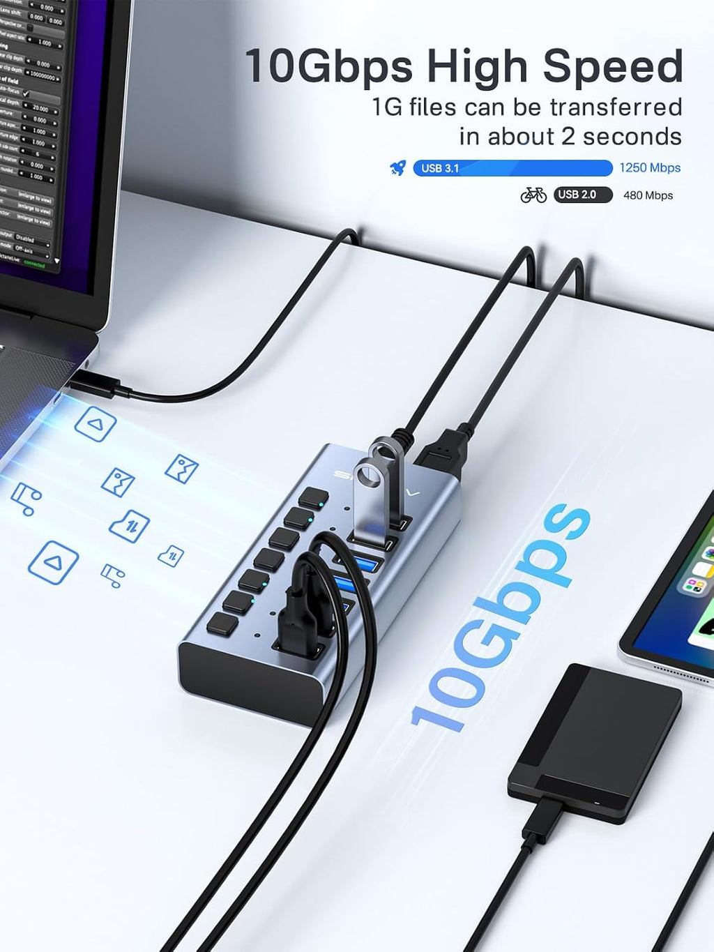 ACASIS, HS707MG-10G, hub USB 3.2 de 7 puertos, alimentado