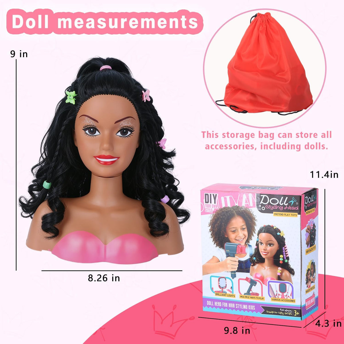 3-en-1 Doll Head para Hair Styling Kids con Storage Bag para Girls 3-8