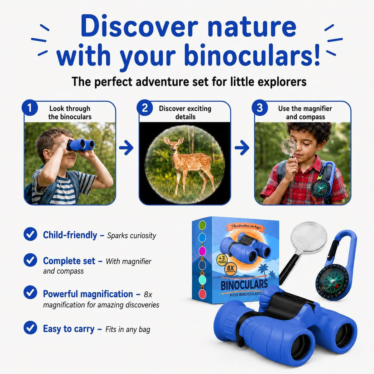 Binoculars para Kids – Perfect Toy para Little Boys y Girls – Extensive Set Incl. Magnifying Glass & Compass – Powerful Magnification 8X21 – 3 a 12 Year Old Kids para Toddler
