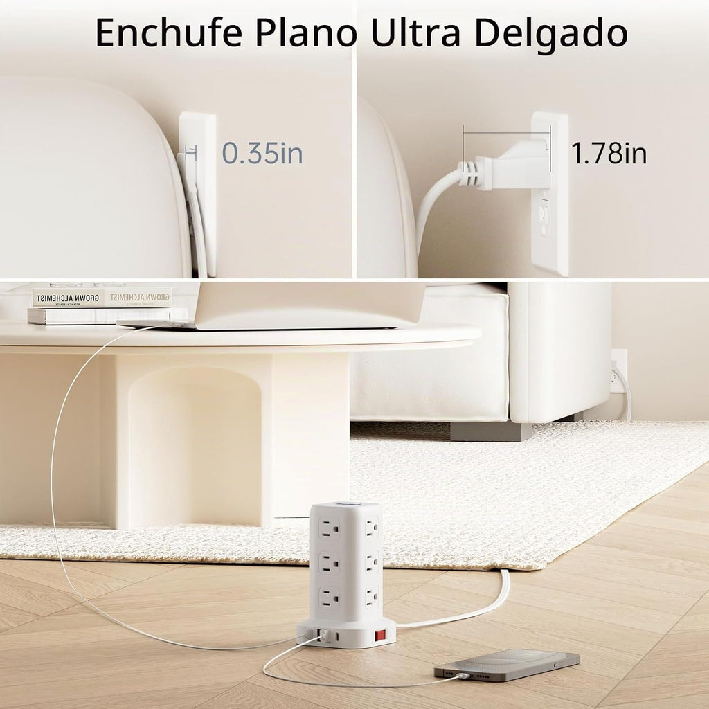 Extension Cord con Multiple Outlets, SMALLRT Flat Plug Power Strip Tower, Outlet Extender con USB 12 AC Outlets, 10FT Ultra Thin Extension Cord para Home Office, Overload Protection