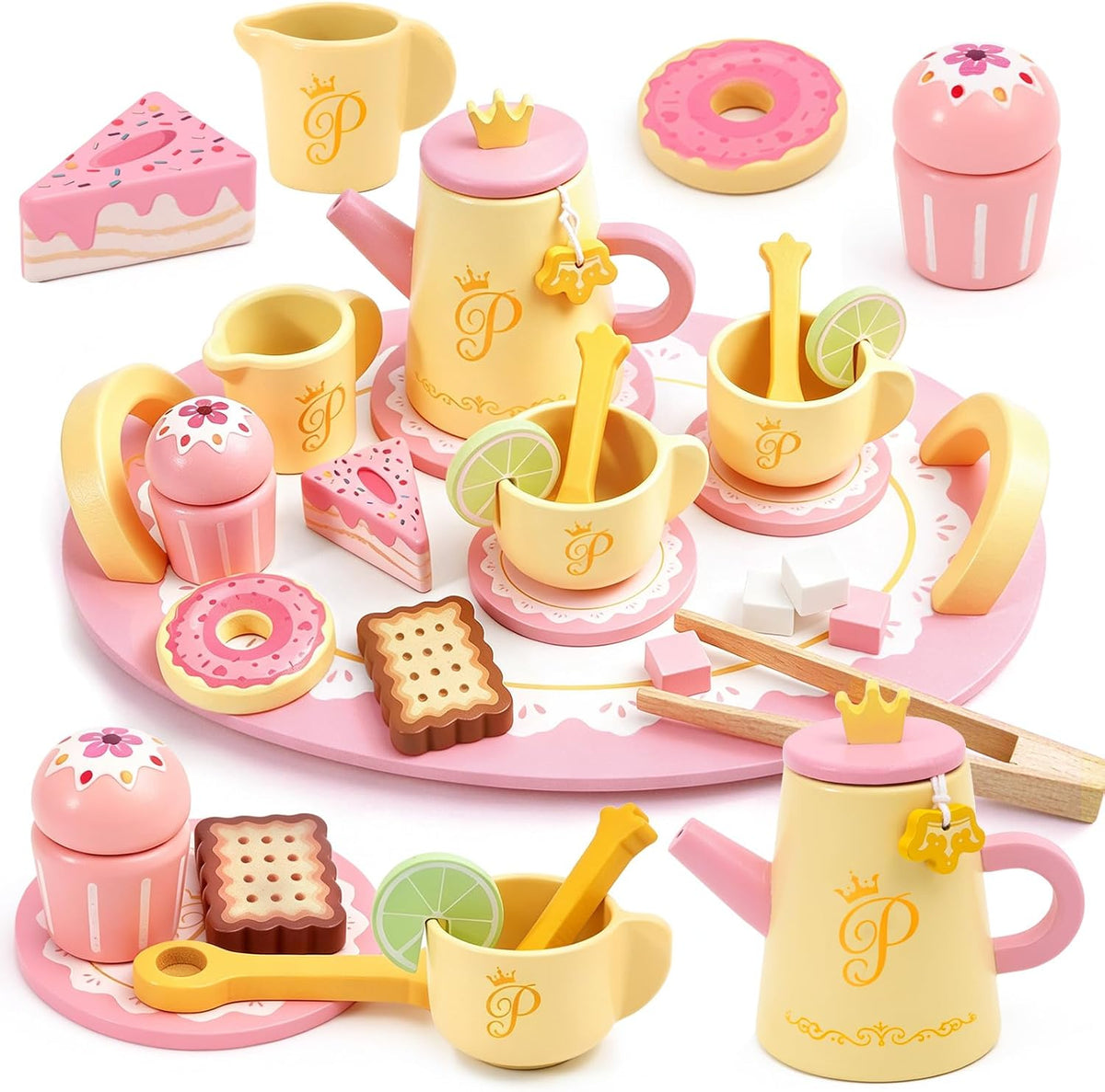 Juego de fiesta de té de madera para niños pequeños de 3 a 5 años