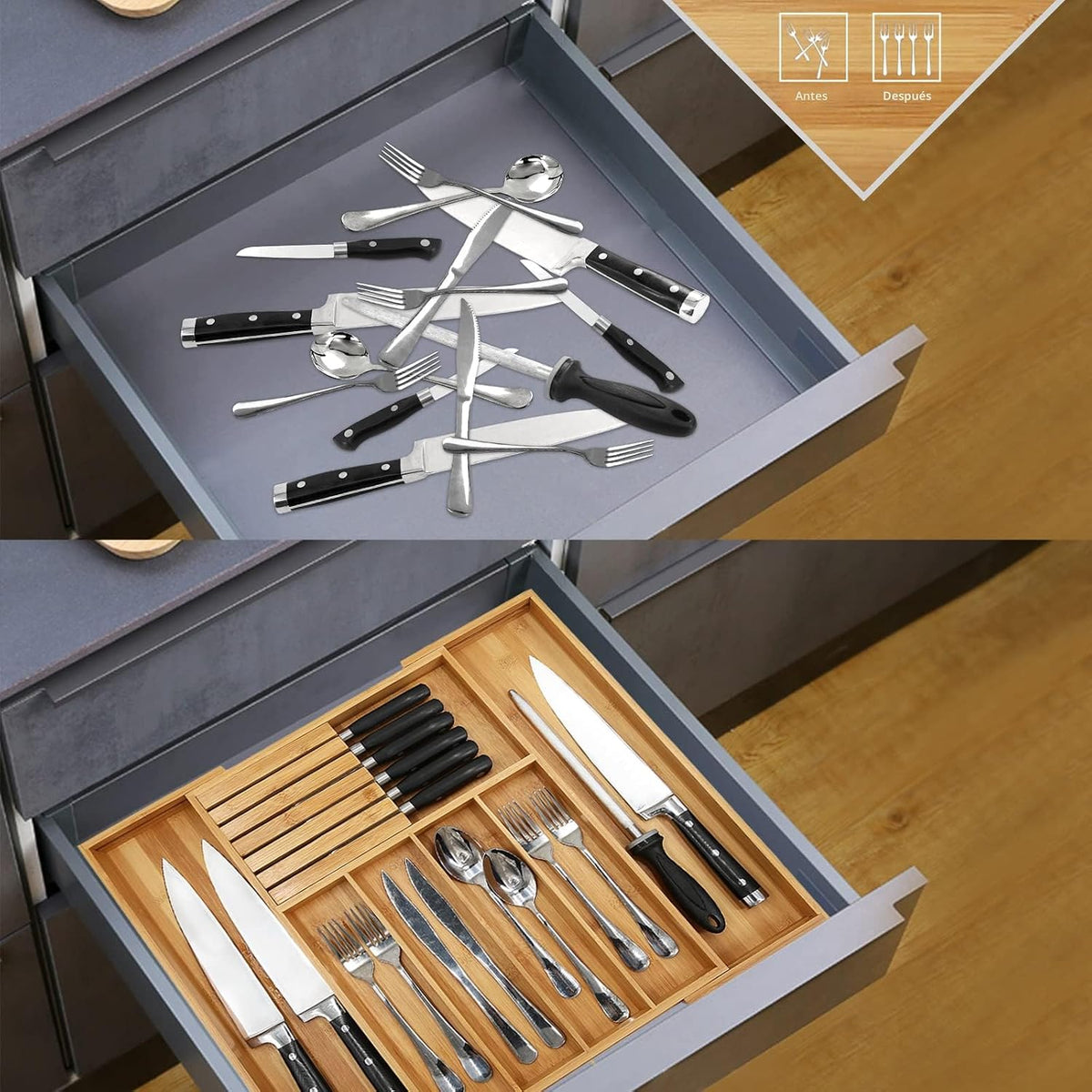 VaeFae Organizador de cajones de cubiertos de bambú, 7 ranuras, natural