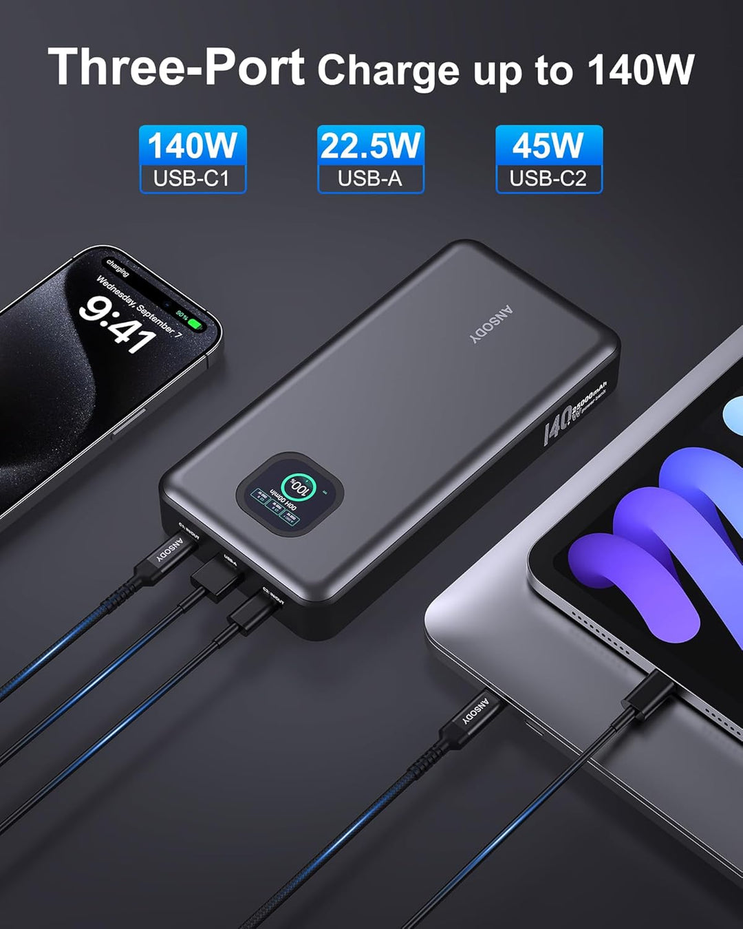 140W Power Bank, Cargador Portátil para Laptop de 25000mAh con Pant...