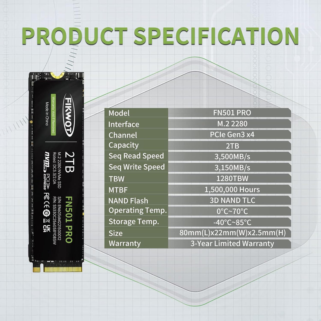 Fikwot FN501 Pro 2TB NVMe SSD - M.2 2280 PCIe Gen3 x4 Unidad intern...