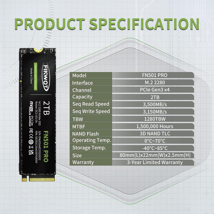 Fikwot FN501 Pro 2TB NVMe SSD - M.2 2280 PCIe Gen3 x4 Unidad intern...