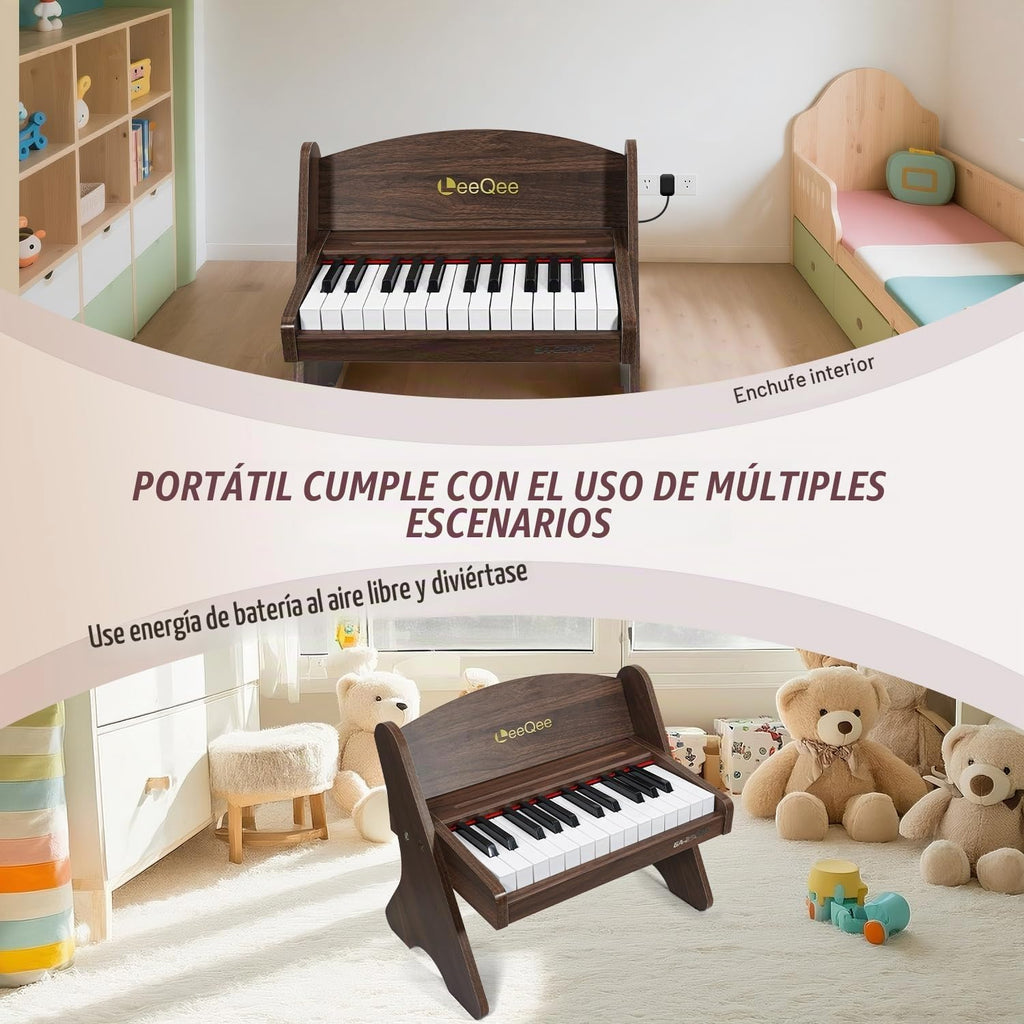Piano de bebé para niños pequeños, piano de madera de 25 teclas para niños con control de volumen, mini instrumento educativo de música digital, piano de madera portátil de doble modo para niños de 3 años en adelante