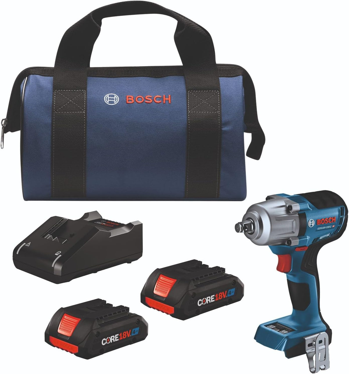 Bosch GDS18V-330CB25 Kit de llave de impacto de 1/2 pulgada sin escobillas de 1/2 pulgada de par medio con anillo de fricción y orificio pasante y (2) baterías de potencia avanzada CORE18V® de 4 Ah