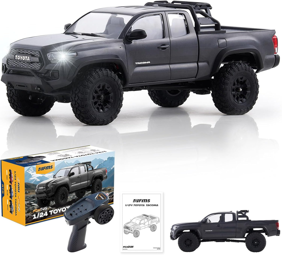 FMS FCX24 TOYOTA TACOMA 1/24 RC Crawler 4x4 RC Truck Crawler, con licencia oficial RC Rock Crawler con transmisión de 2 velocidades, motor de alto par, rodamientos totalmente metálicos, auto RTR RC para adultos (GRAY)