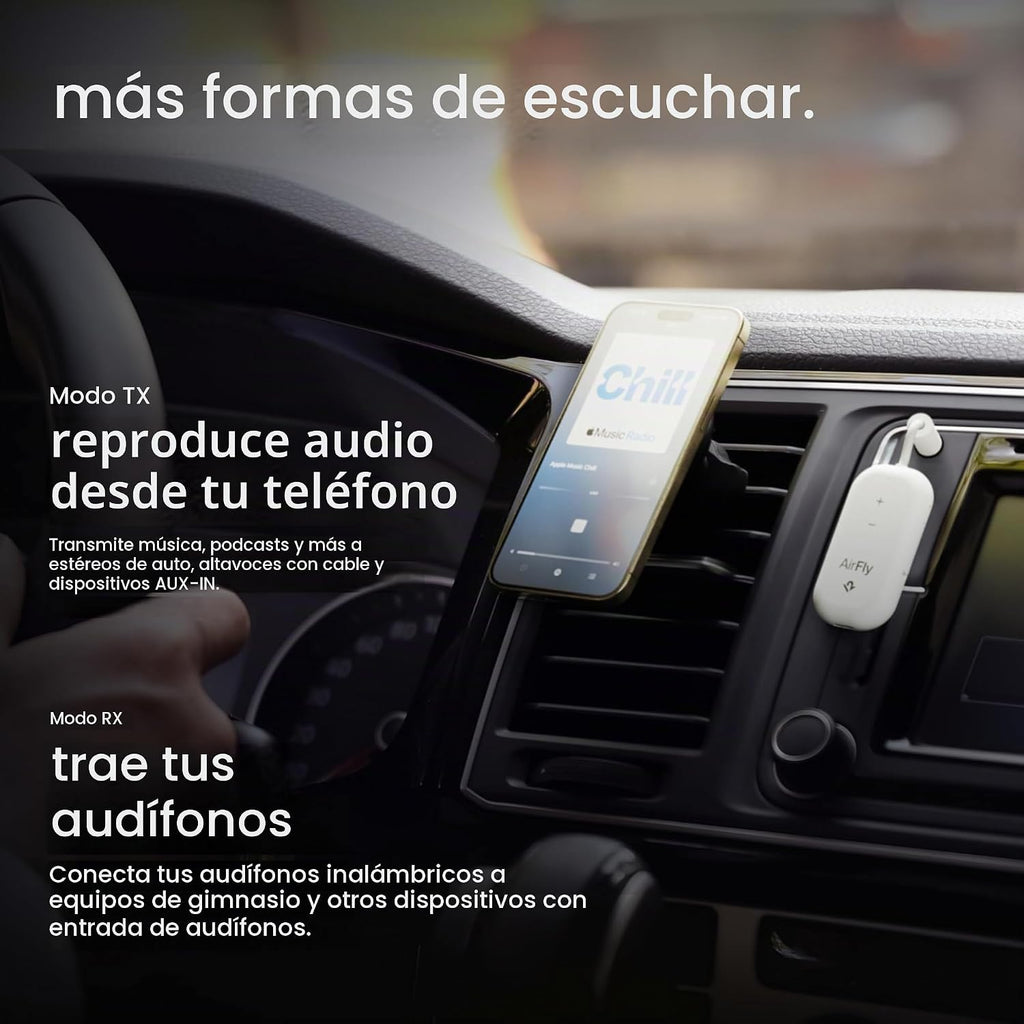 AirFly Pro 2 - Adaptador Bluetooth, Empareja 2 AirPods o Auriculares Inalámbricos - Transmisor y Receptor Bluetooth AUX de 3.5mm para Autos, Barcos, Cintas de Correr, TVs y Más - Esenciales de Viaje