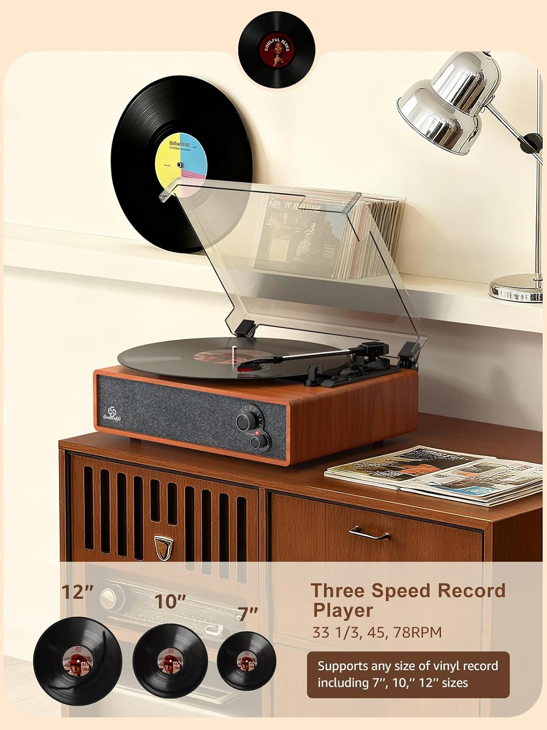 Tocadiscos de vinilo vintage para discos de vinilo, fonógrafo LP, ajuste de tono de parada automática, transmisión por correa, 3 velocidades, 3 tamaños, soporte de entrada inalámbrica, salida RCA