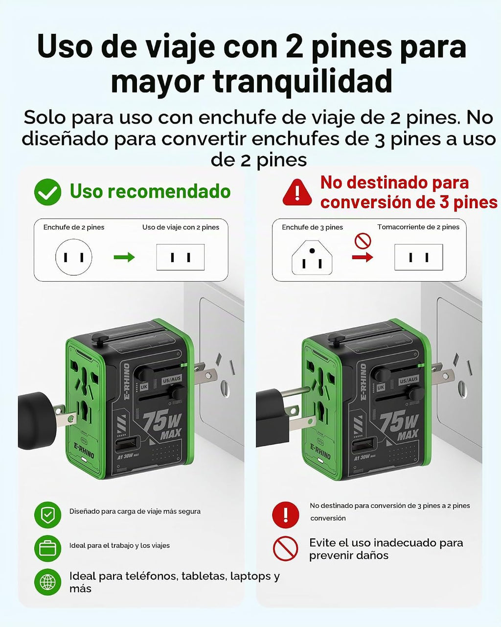 Adaptador de viaje universal de 5 puertos de 75 W, carga todo en uno