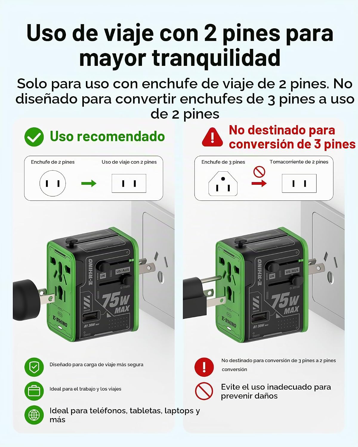 Adaptador de viaje universal de 5 puertos de 75 W, carga todo en uno