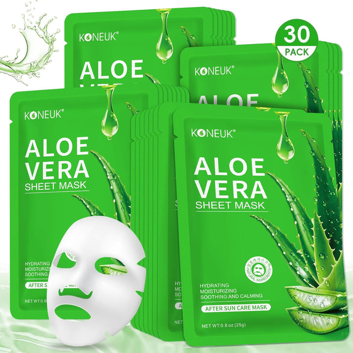 KONEUK Paquete de 30 mascarillas faciales hidratantes de aloe vera,...