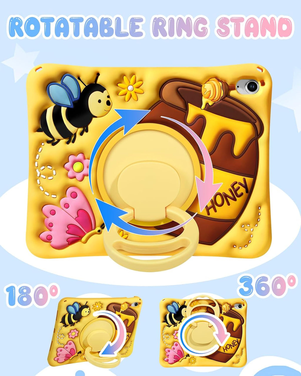 Boaretiu - Funda para iPad A16/10ª generación, con soporte para lápices, correa para el hombro y soporte giratorio, diseño de dibujos animados amarillos para niñas y niños, de silicona para iPad de