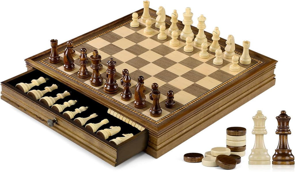 Peradix - Juego de ajedrez magnético y damas de 15 pulgadas con 2 cajones