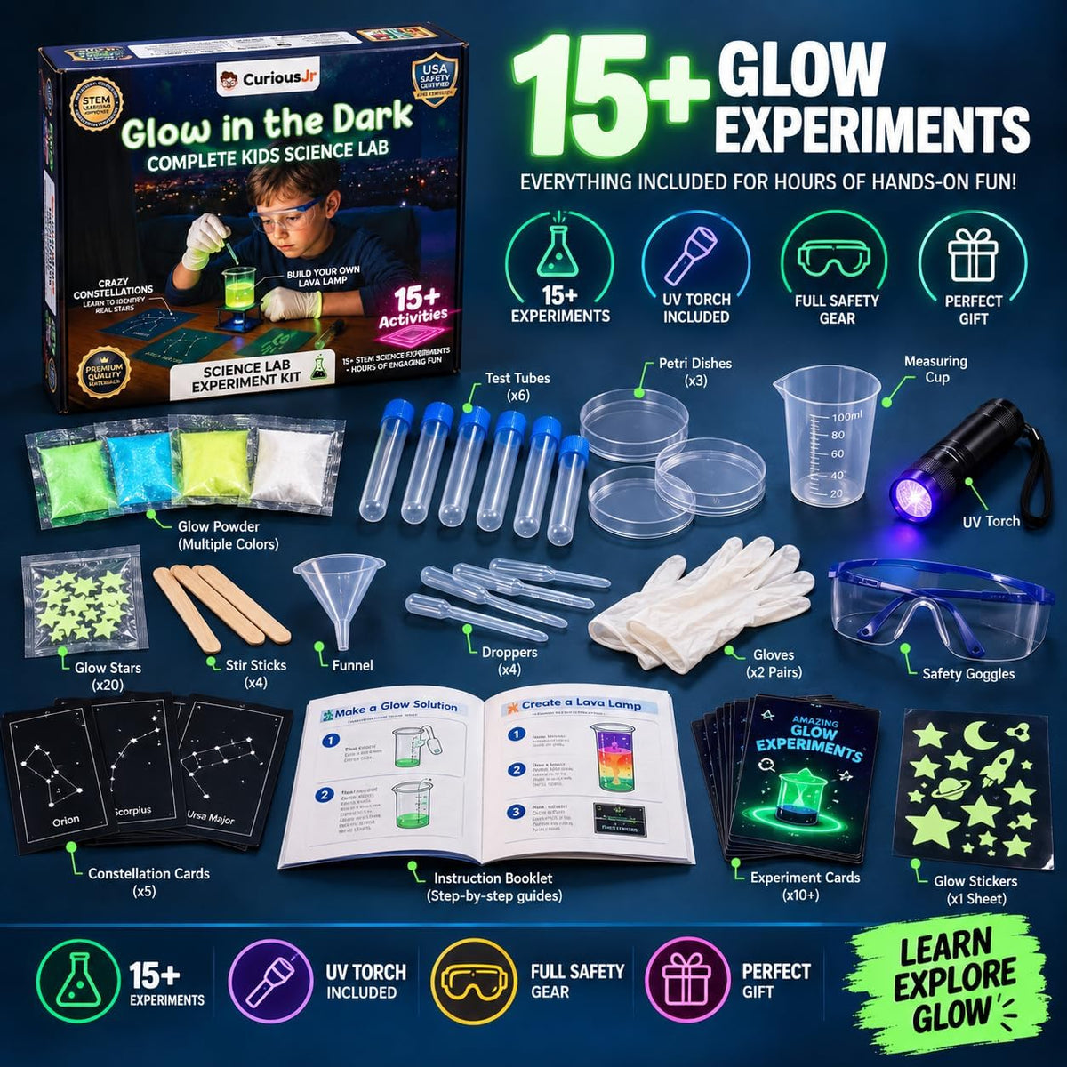 PW Kit de experimentos científicos que brillan en la oscuridad para niños