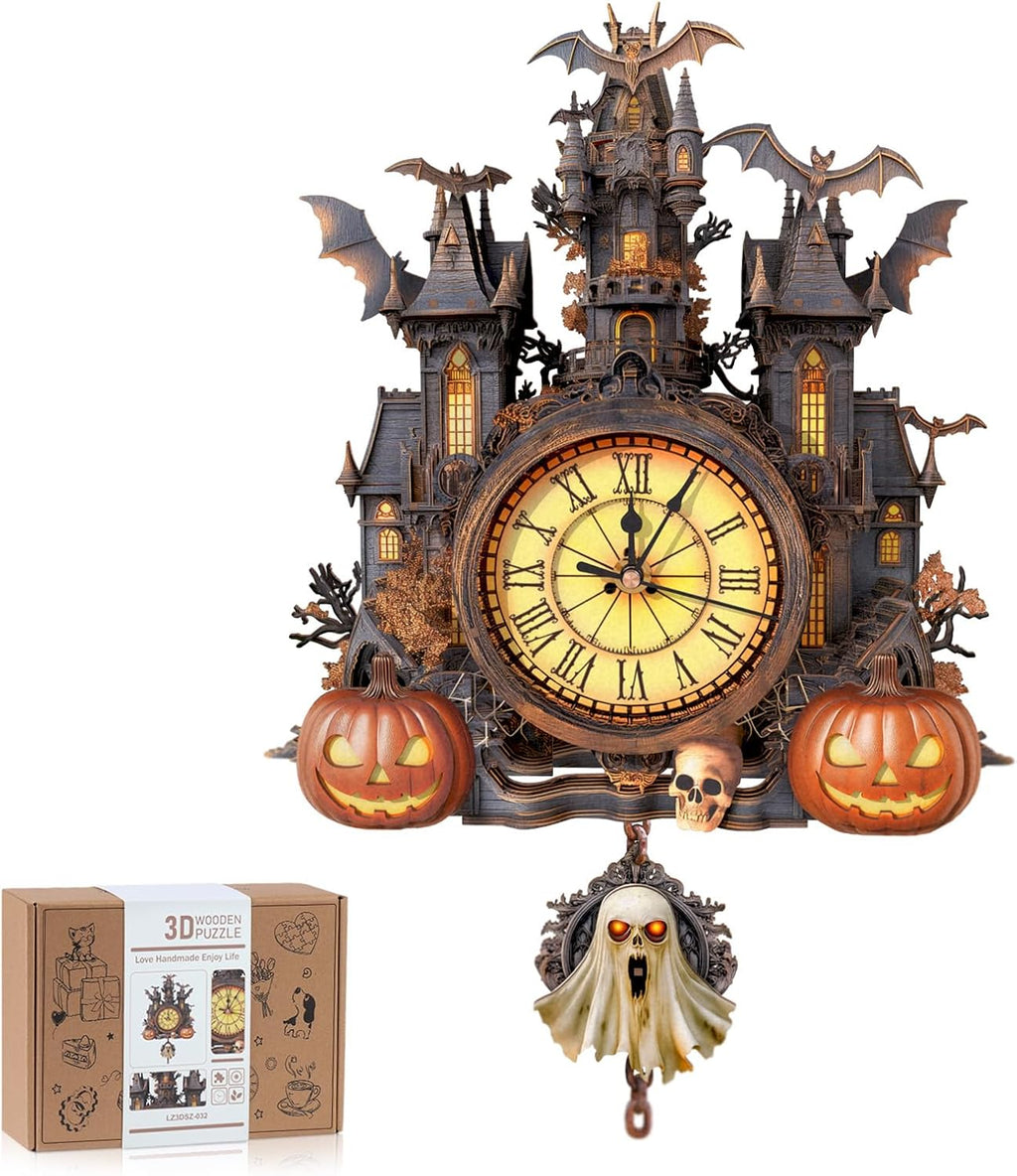 Rompecabezas 3D para adultos, kit de modelo de reloj de cabaña de Halloween