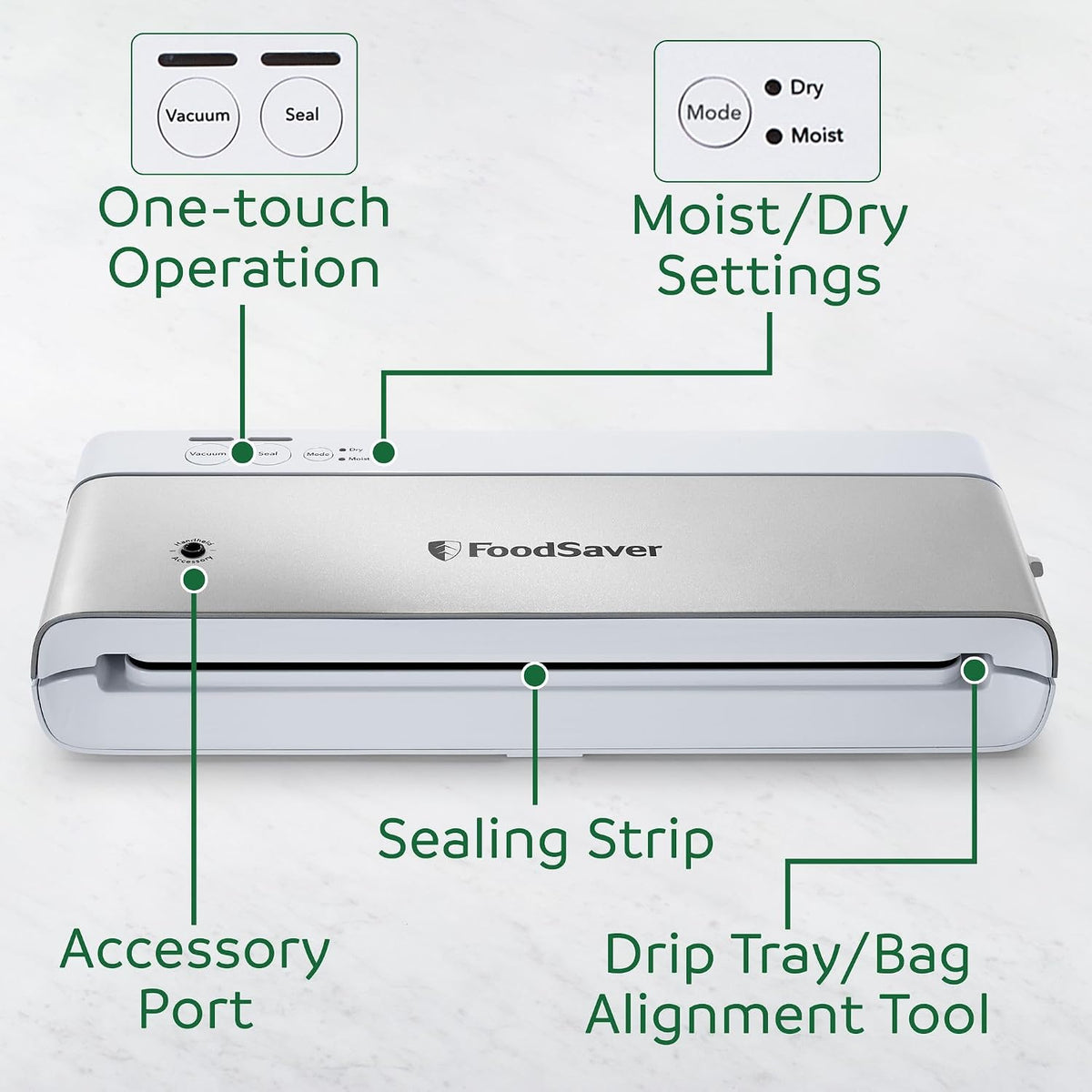 Máquina selladora al vacío compacta FoodSaver con bolsas herméticas y rollo - Ideal para Sous Vide y almacenamiento hermético de alimentos, blanco