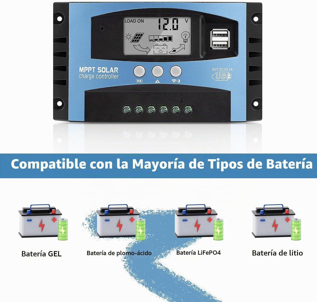 Controlador de carga de panel solar MPPT de 100 A, controlador de cargador de batería solar automático de 12 V/24 V con pantalla LCD, puerto USB dual y temporizador de ajuste de horas de encendido
