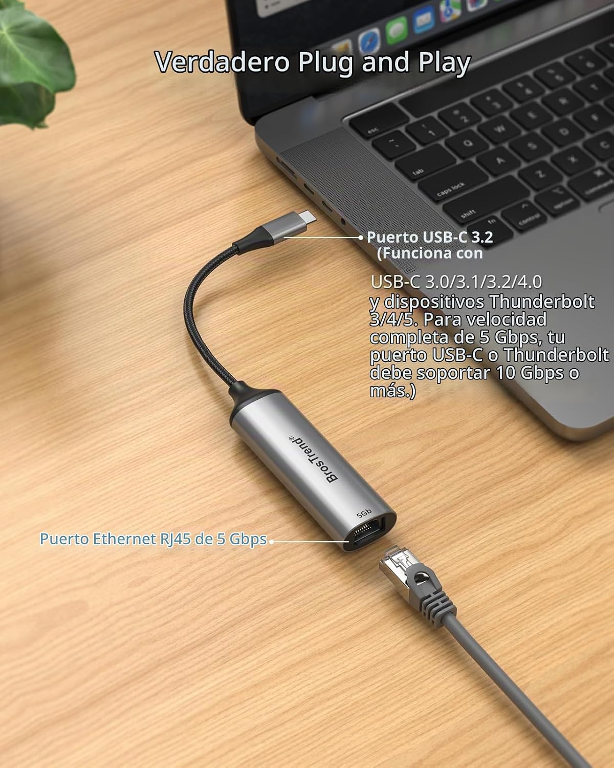 BrosTrend Adaptador USB C a Ethernet de 5 Gb para Windows, MacOS iOS, Plug