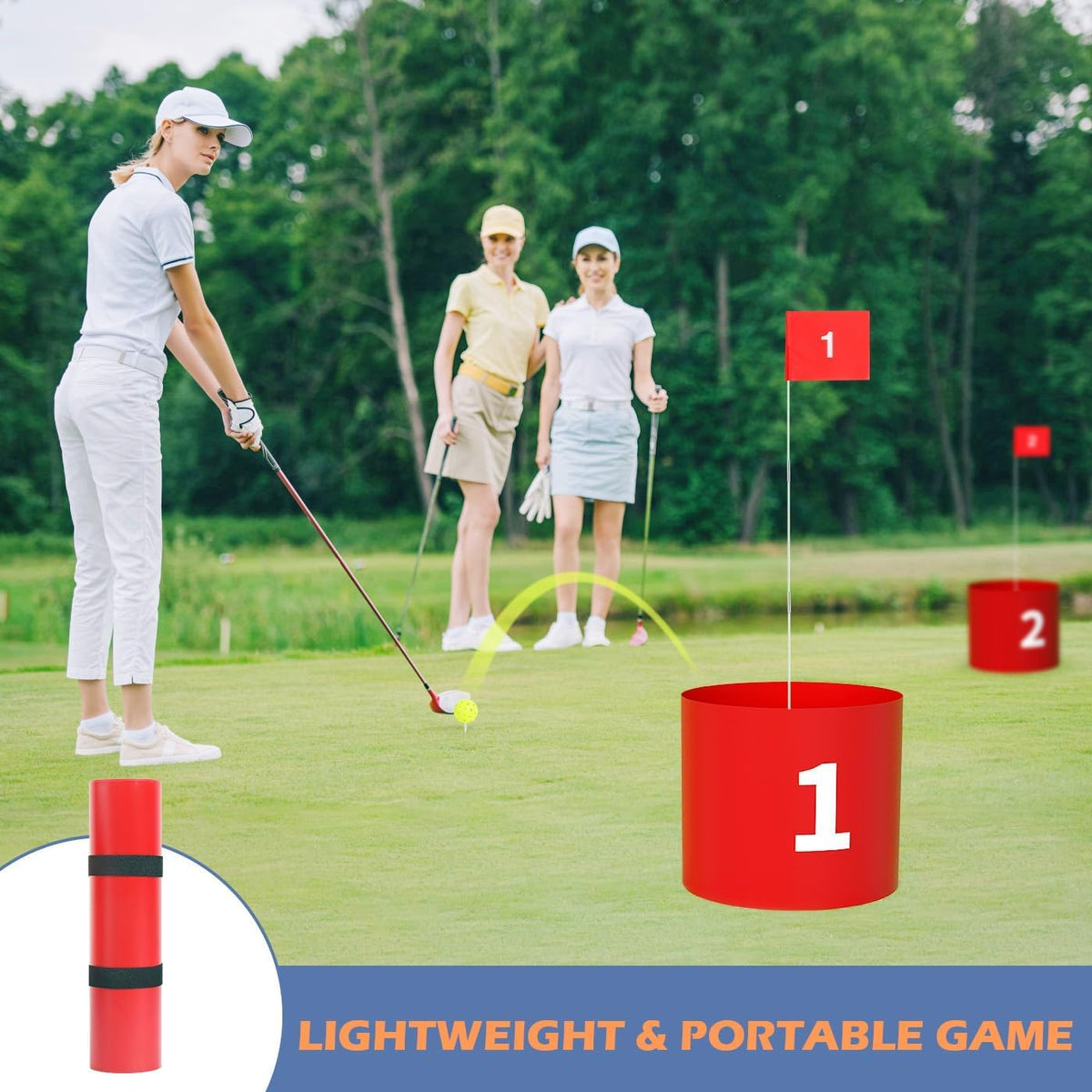 Juego de golf LED con 2 palos, juego de práctica de 6 agujeros para adultos y familia, juego de patio de batalla de plástico para interiores y exteriores con bolas, banderas, perfecto para