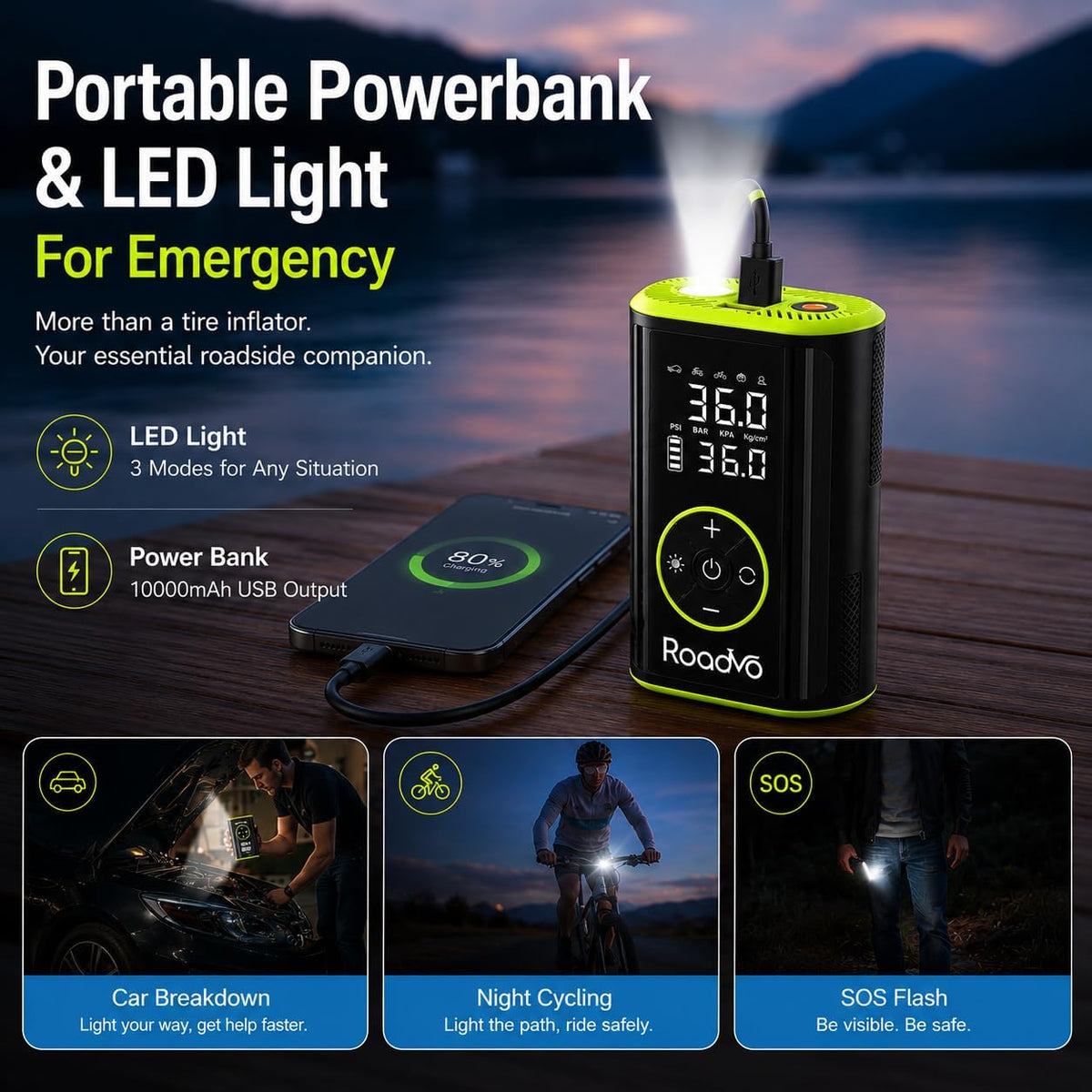 Roadvo [10000 mAh] Inflador de neumáticos Compresor de aire portáti...