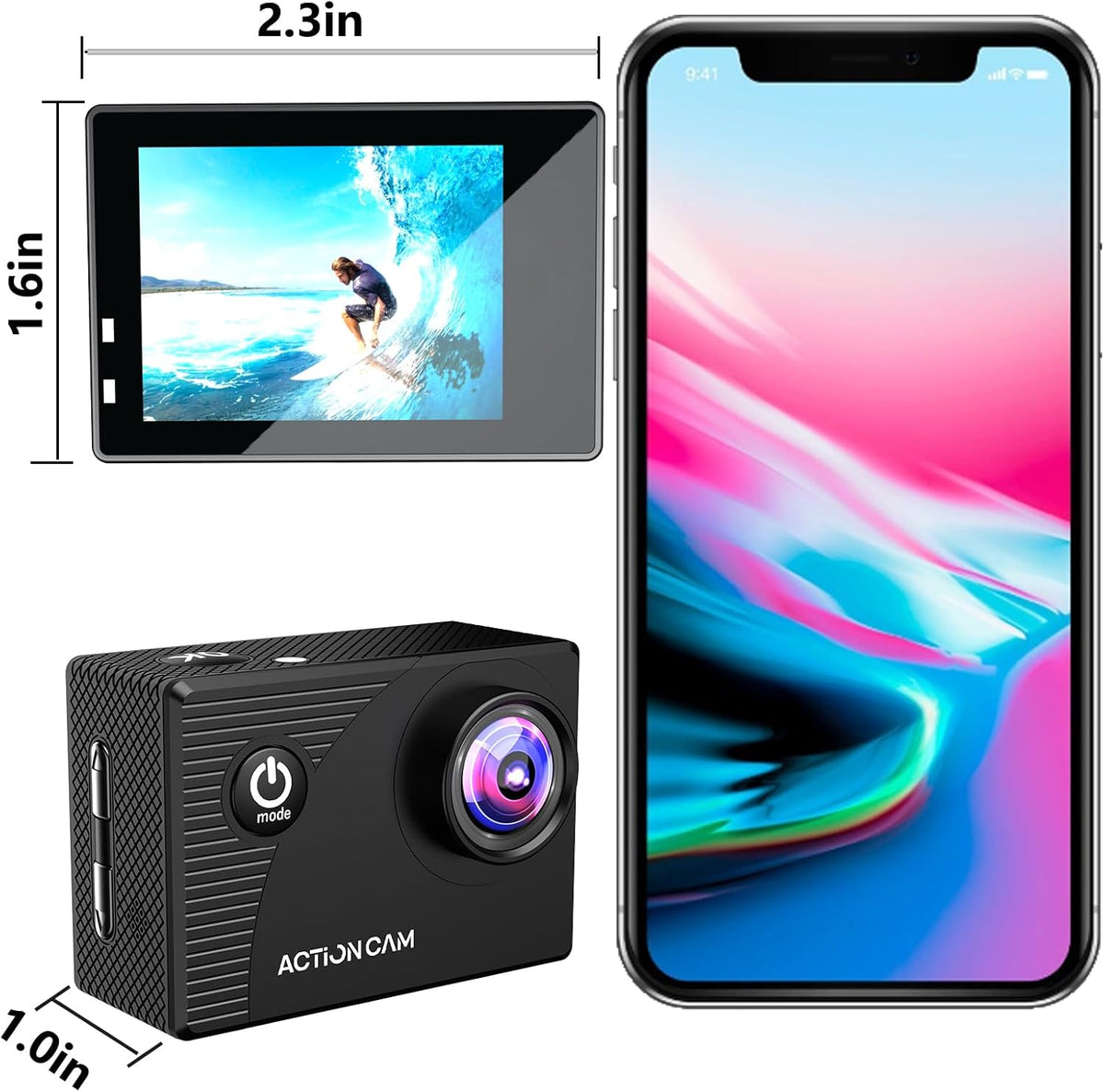 Xilecam Cámara de acción 1080P Cámara deportiva Tarjeta de memoria Cámara de acción 4xZoom 131ft Subacuático Impermeable con 2 X Baterías y Accesorio Multifunción (X2R)
