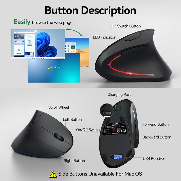 TECKNET Ratón ergonómico, mouse Ergo vertical recargable inalámbric...