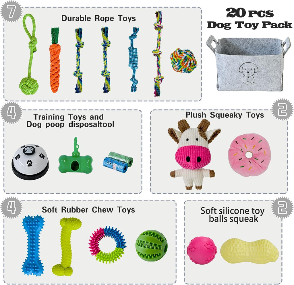 20 unidades Juguetes para Cachorros para la Dentición, Juguetes para Masticar con Cuerda, Cepillo Dental para Perros, Pelotas Dispensadoras de Premios, Juguetes de Peluche y Juguetes Chirriantes para Perros Pequeños y Medianos con Canasta para Mantenerlos