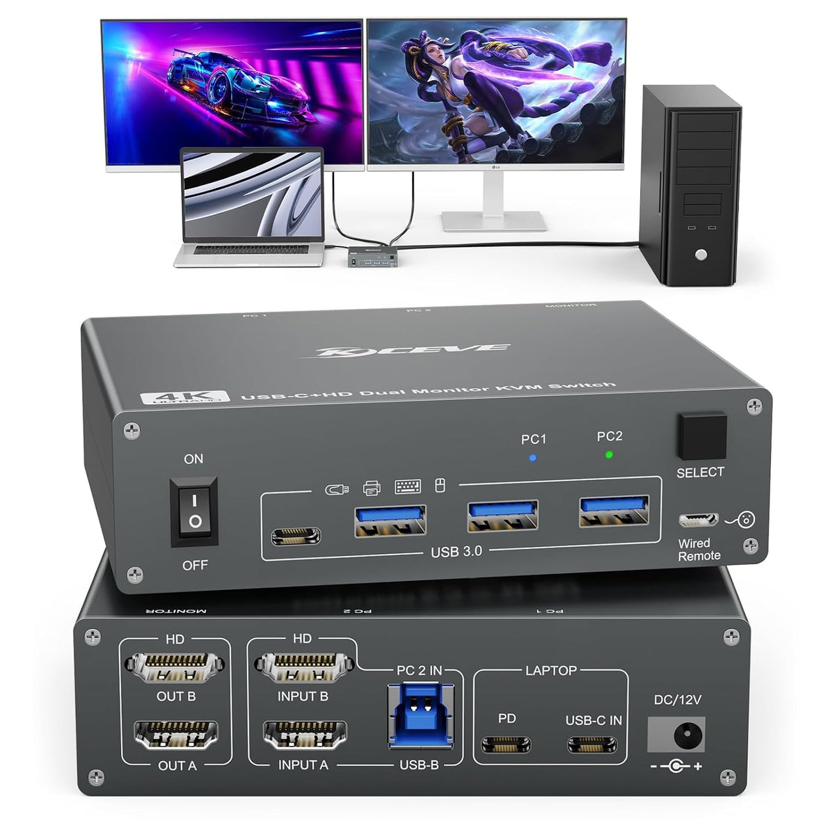 Conmutador KVM 2 monitores 1 ordenador portátil 1 escritorio