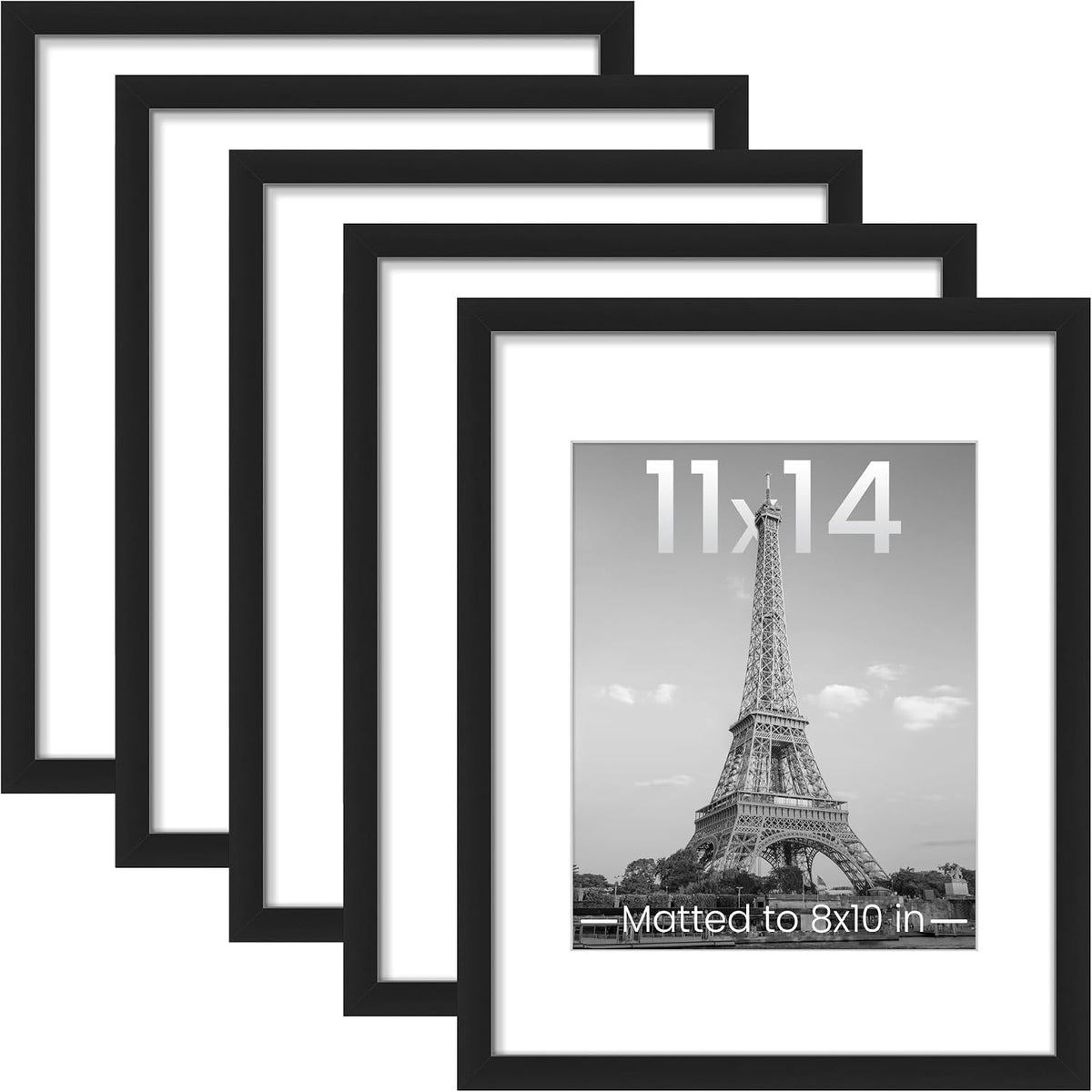 upsimples - Portarretratos de 11 x 14 para galería de fotografías en la pared - Marcos para fotos de 8 x 10 pulgadas con paspartú o de 11 x 14 pulgadas sin paspartú, 5 unidades, color negro