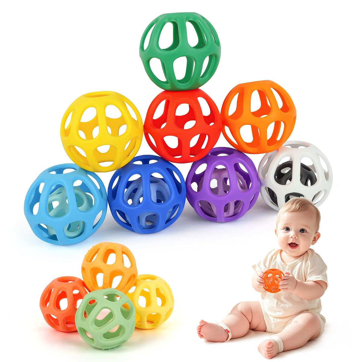 MCGMITT Pelota de juguete para bebé con agujeros, 8 juguetes de silicona de grado alimenticio de fácil agarre para bebés de 0 a 6 meses, coloridos y suaves sin BPA, mordedores Montessori para bebés de 6 a 12 meses, bolas sensoriales elásticas para recién